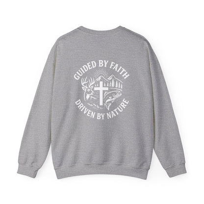 Gray Christian crewneck with ‘Guided by Faith, Driven by Nature’ cross and antler design by Rack & River Outdoors.