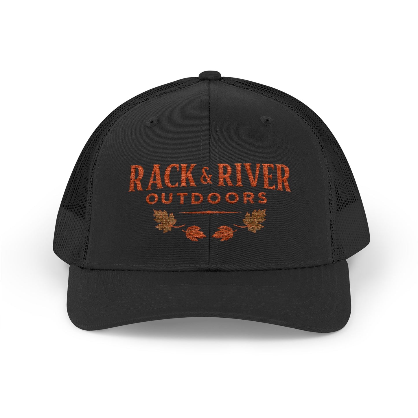 Christian outdoor trucker hat in black and black with embroidered Rack & River Outdoors logo.”
“Rack & River Outdoors brown trucker cap with orange embroidered outdoor lifestyle logo.