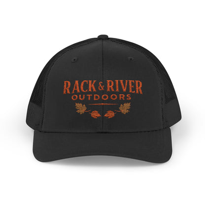 Christian outdoor trucker hat in black and black with embroidered Rack & River Outdoors logo.”
“Rack & River Outdoors brown trucker cap with orange embroidered outdoor lifestyle logo.