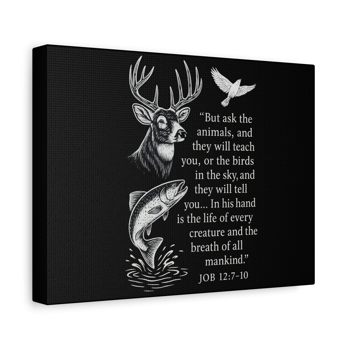 Side-view of Job 12:7-10 Christian wildlife canvas with deer, fish, and dove design on black background.