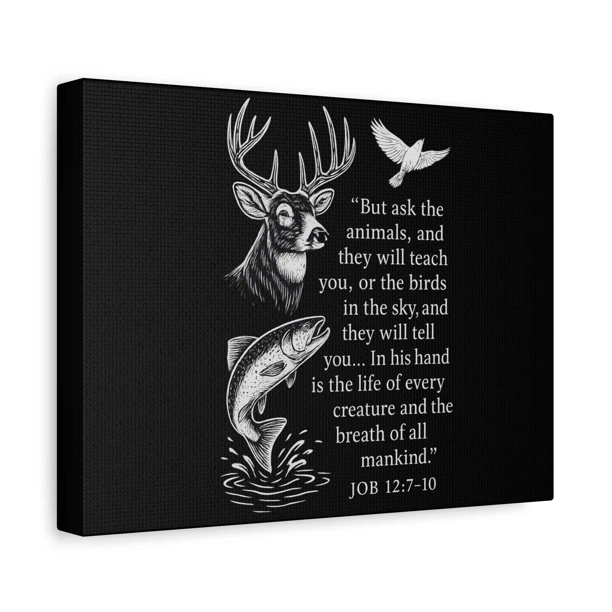 Side-view of Job 12:7-10 Christian wildlife canvas with deer, fish, and dove design on black background.
