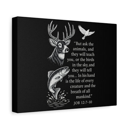 Side-view of Job 12:7-10 Christian wildlife canvas with deer, fish, and dove design on black background.