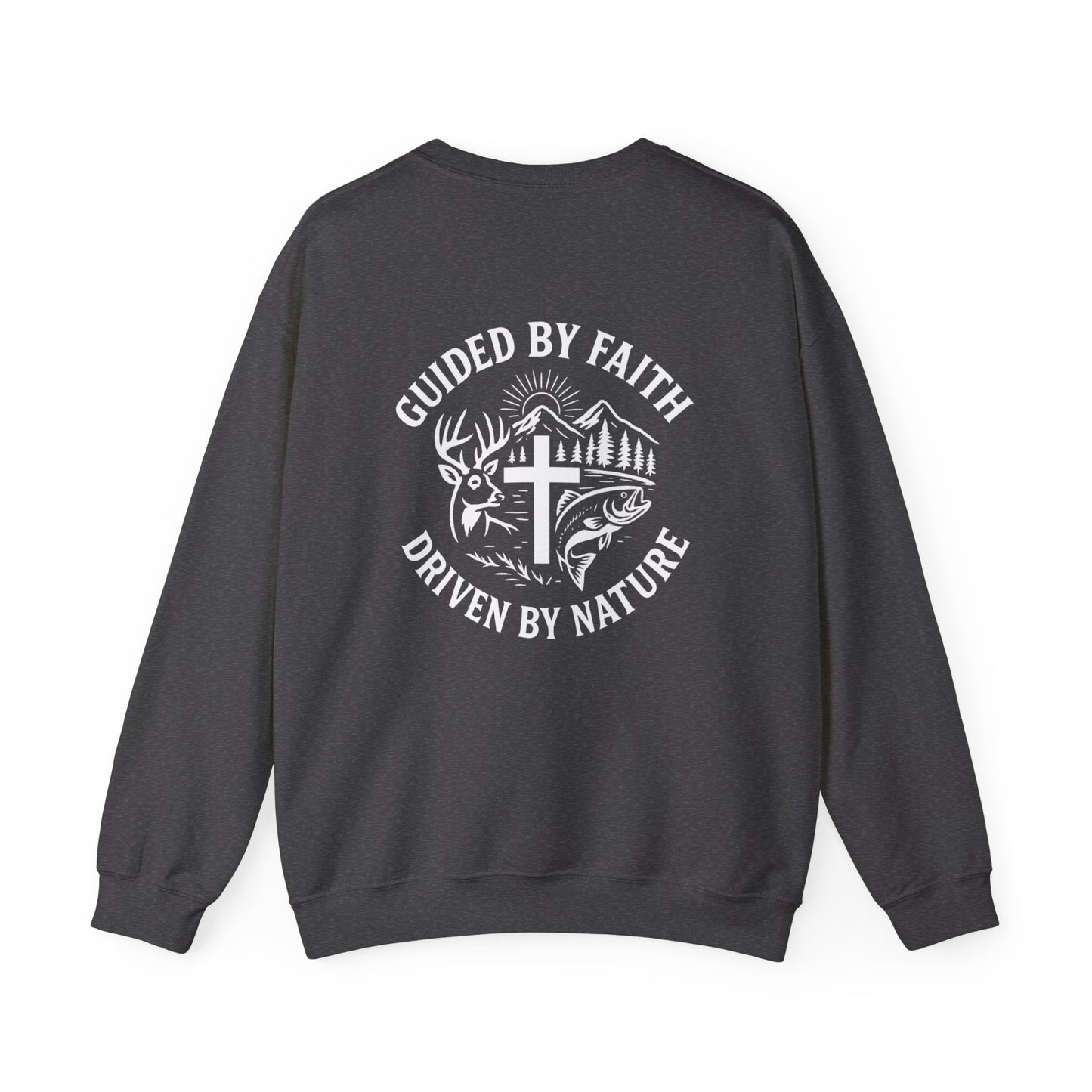 Dark gray Christian crewneck with ‘Guided by Faith, Driven by Nature’ cross and antler design by Rack & River Outdoors.