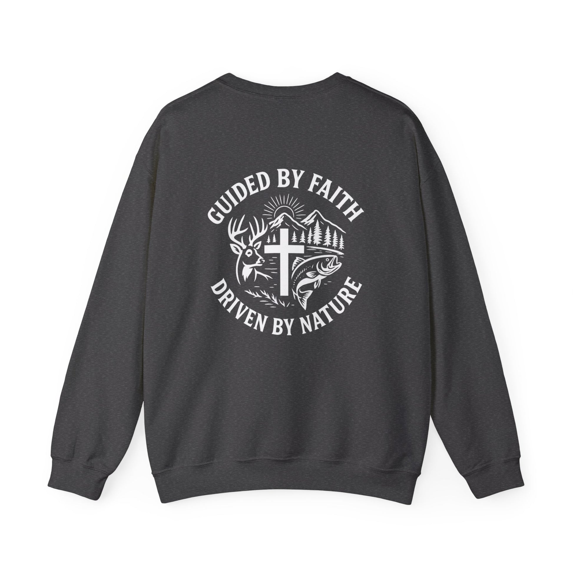 Dark gray Christian crewneck with ‘Guided by Faith, Driven by Nature’ cross and antler design by Rack & River Outdoors.
