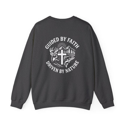 Dark gray Christian crewneck with ‘Guided by Faith, Driven by Nature’ cross and antler design by Rack & River Outdoors.