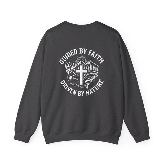 Dark gray Christian crewneck with ‘Guided by Faith, Driven by Nature’ cross and antler design by Rack & River Outdoors.