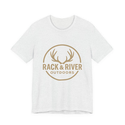 White Rack & River Outdoors t-shirt with antler logo graphic.