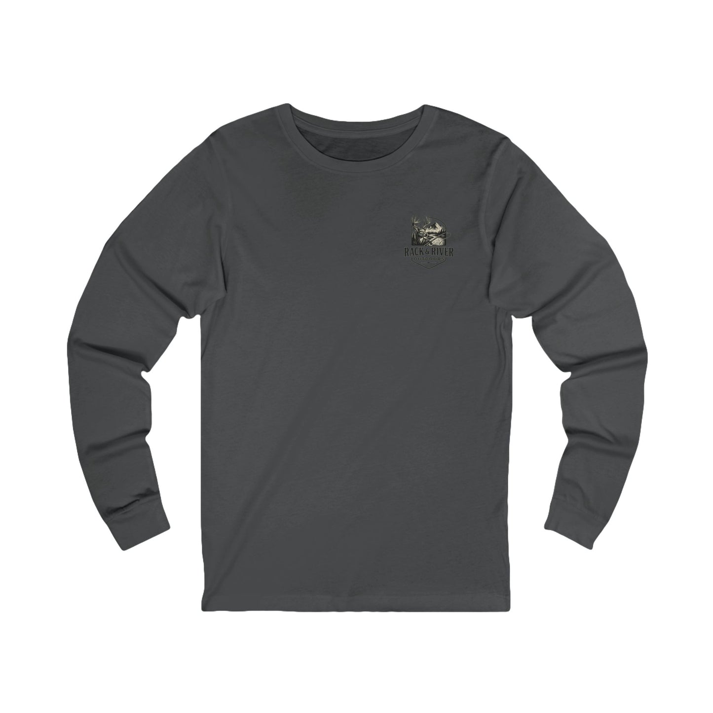 Gray long sleeve shirt with Rack & River Outdoors chest logo.