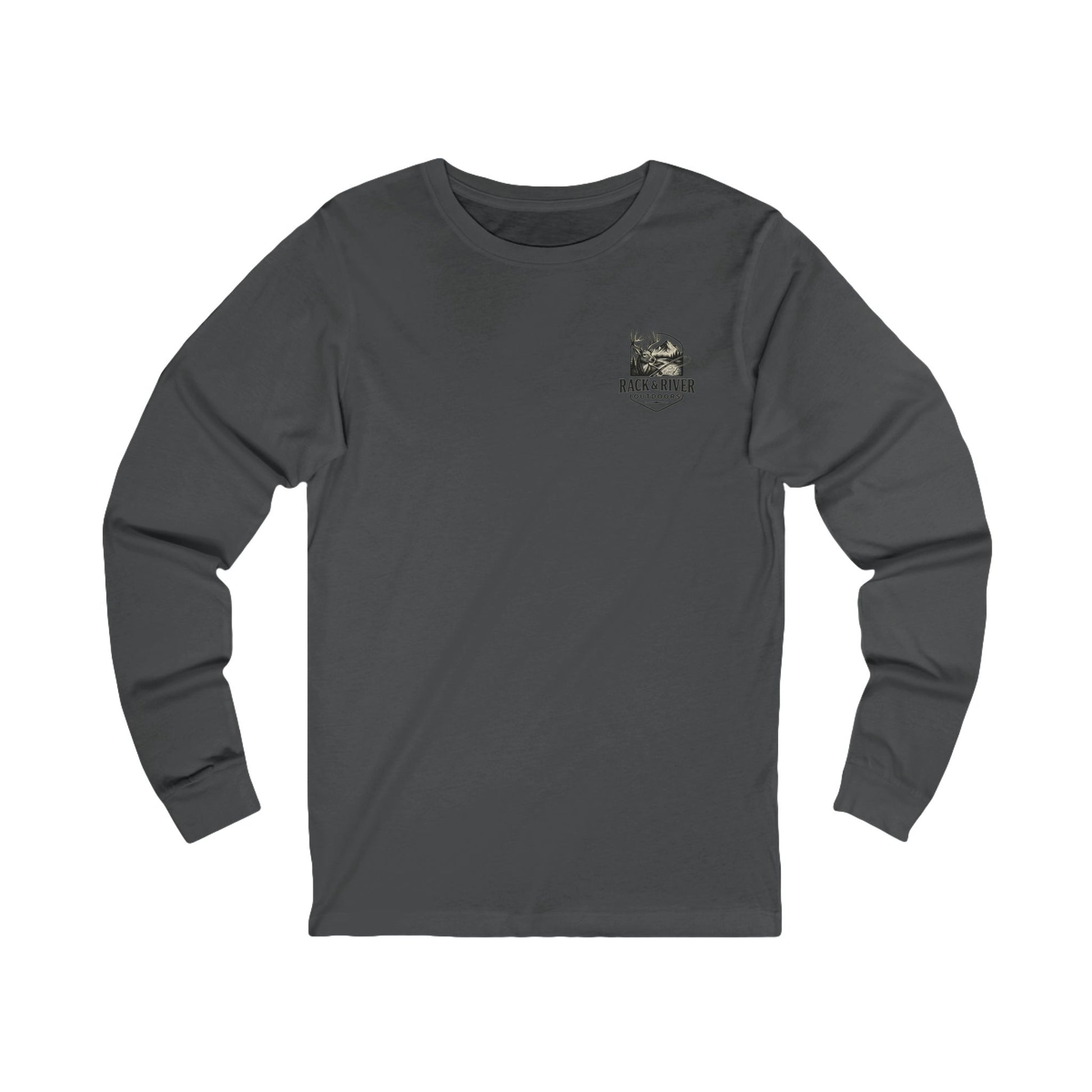 Gray long sleeve shirt with Rack & River Outdoors chest logo.