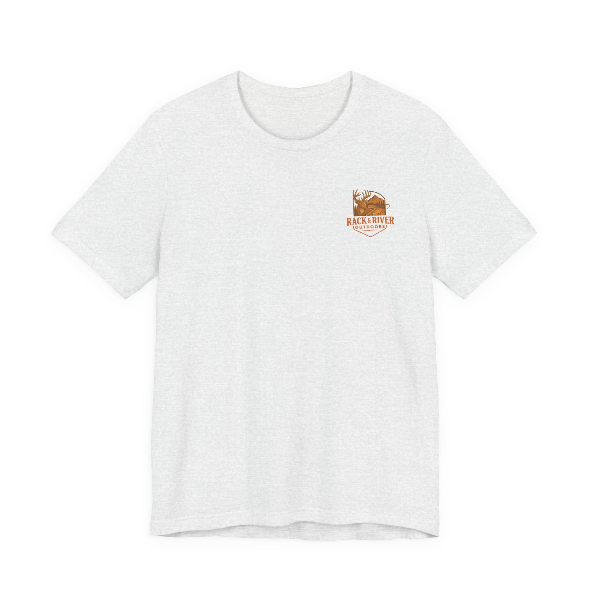 White Christian outdoor lifestyle t-shirt featuring small Rack & River Outdoors deer logo on the left chest, product display on white background.