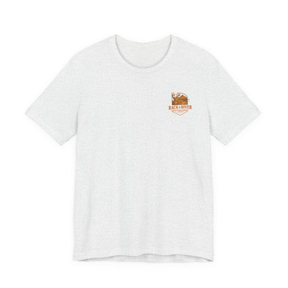 White Christian outdoor lifestyle t-shirt featuring small Rack & River Outdoors deer logo on the left chest, product display on white background.