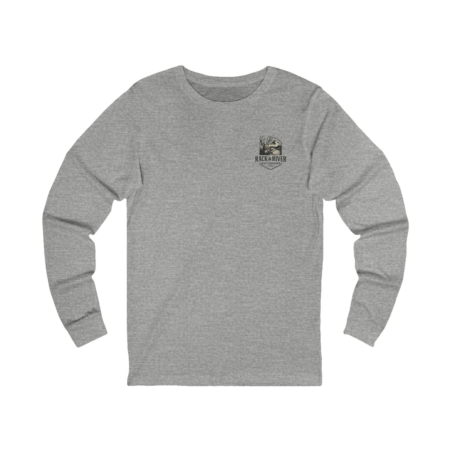 Gray long sleeve shirt with Rack & River Outdoors chest logo.