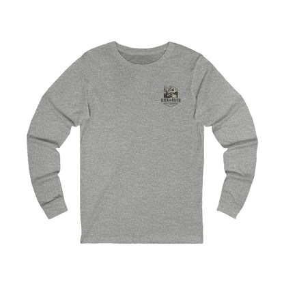 Gray long sleeve shirt with Rack & River Outdoors chest logo.