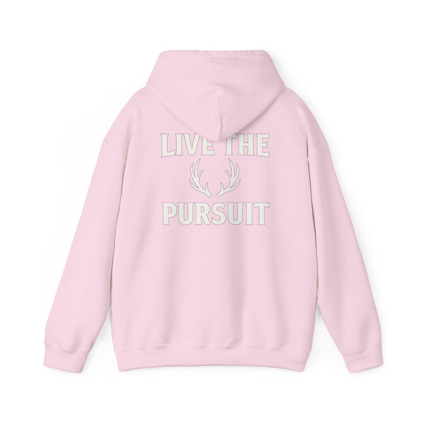 Pink Christian hoodie with large ‘Live The Pursuit’ antler graphic by Rack & River Outdoors.