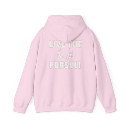 Pink Christian hoodie with large ‘Live The Pursuit’ antler graphic by Rack & River Outdoors.