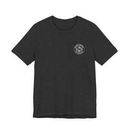 Charcoal gray Rack & River Outdoors t-shirt with small outdoor chest emblem.