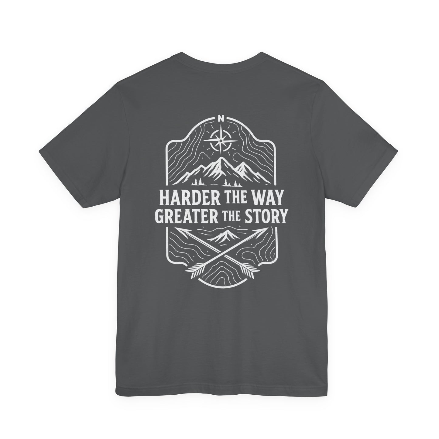 Gray Rack & River Outdoors t-shirt with ‘Harder the Way, Greater the Story’ mountain compass graphic on the back.