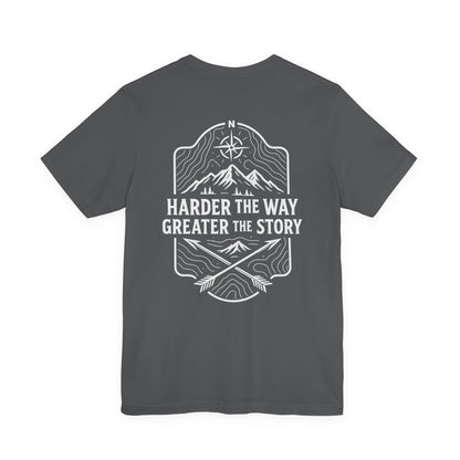 Gray Rack & River Outdoors t-shirt with ‘Harder the Way, Greater the Story’ mountain compass graphic on the back.