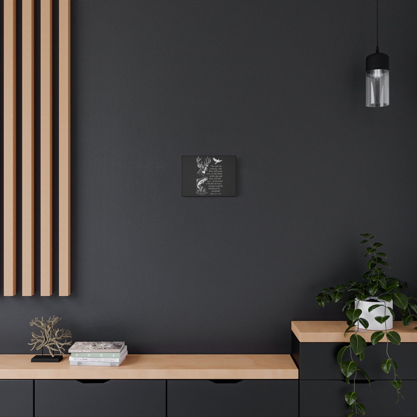 Faith-based wildlife wall art with Job 12:7-10 Bible verse displayed in minimalist home décor setting.