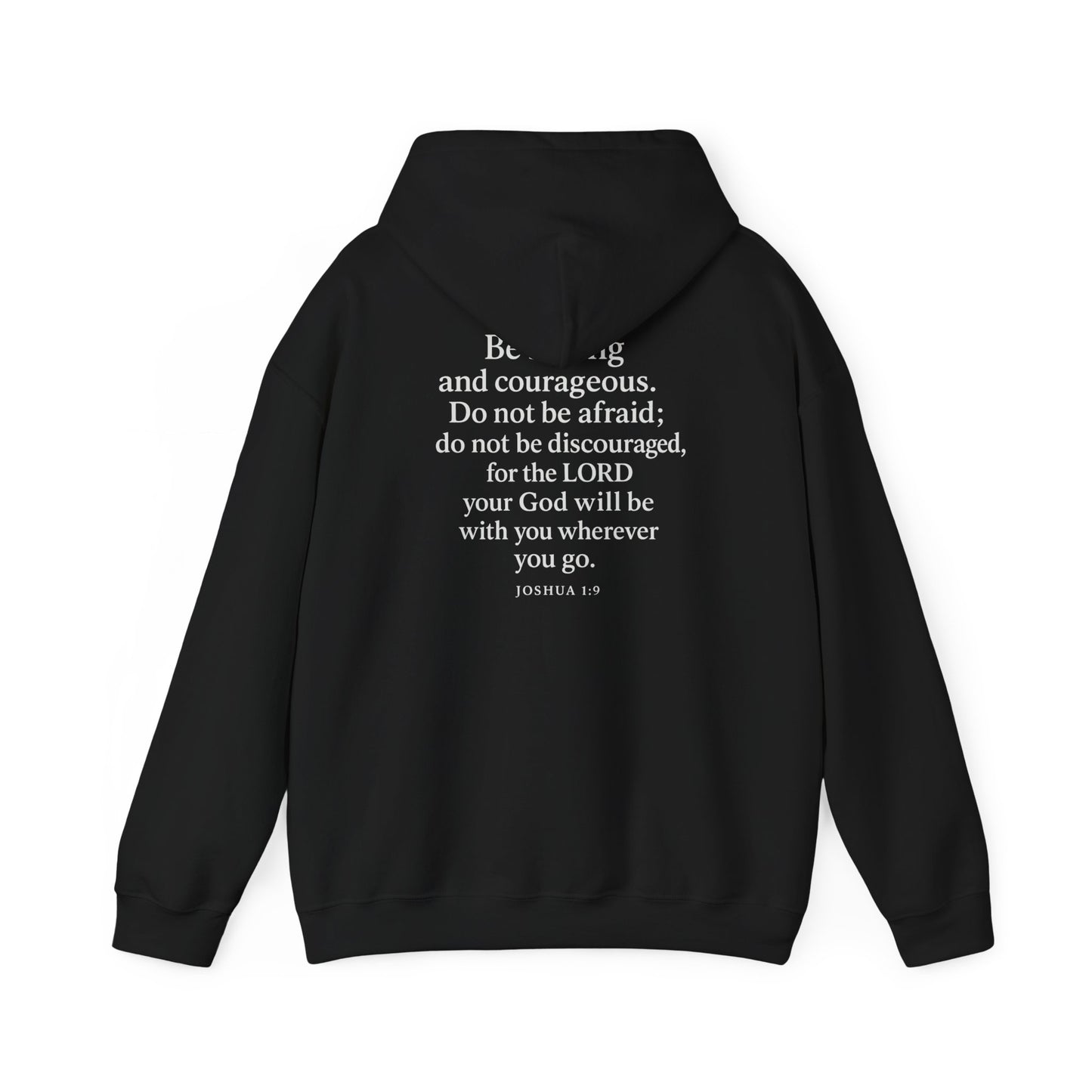 Black Christian hoodie with Joshua 1:9 Bible verse on the back by Rack & River Outdoors.