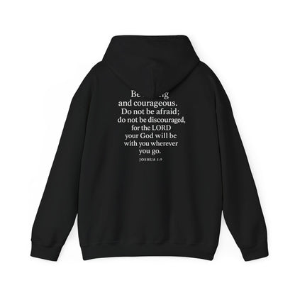 Black Christian hoodie with Joshua 1:9 Bible verse on the back by Rack & River Outdoors.