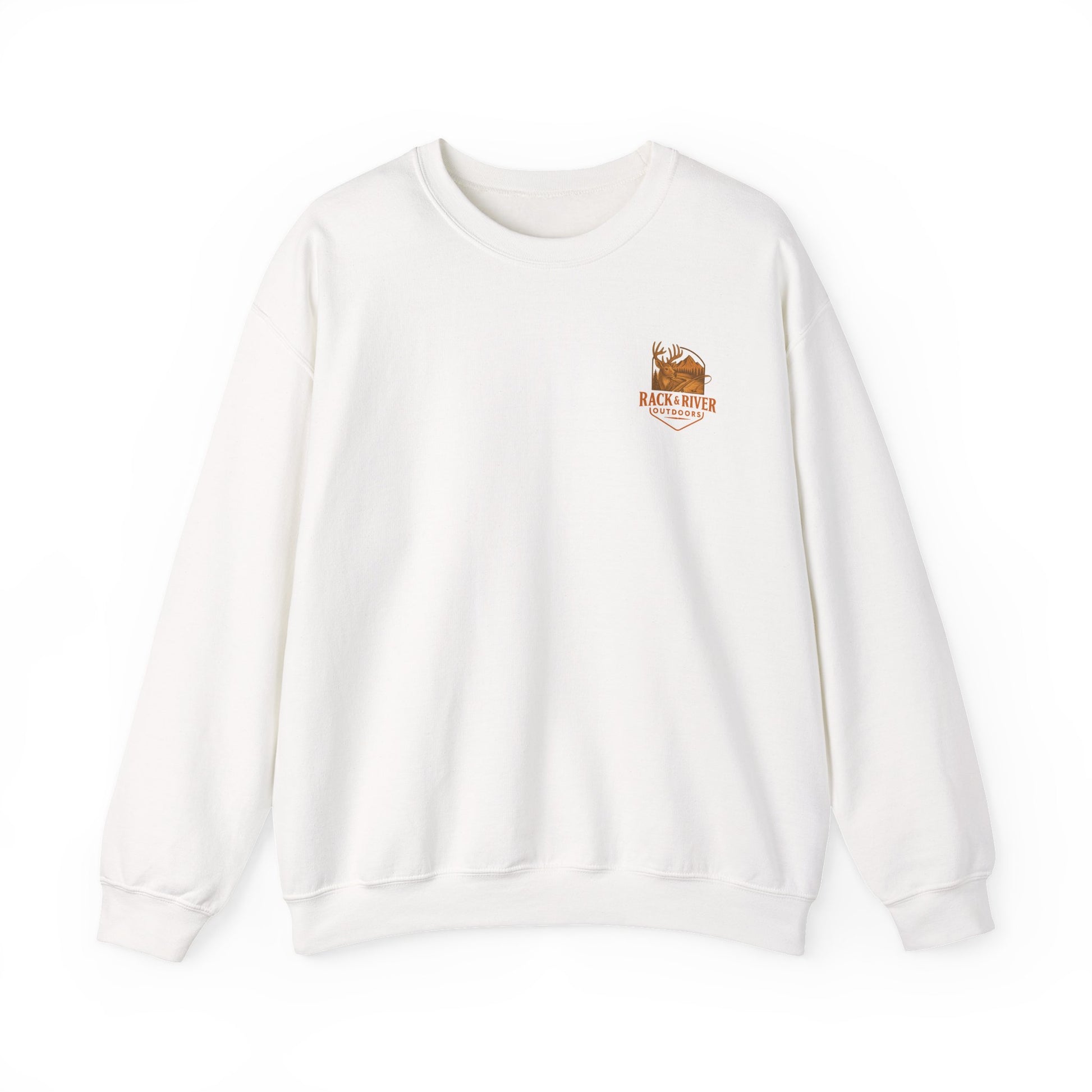 White Christian crewneck with small Rack & River Outdoors chest logo on a white background.