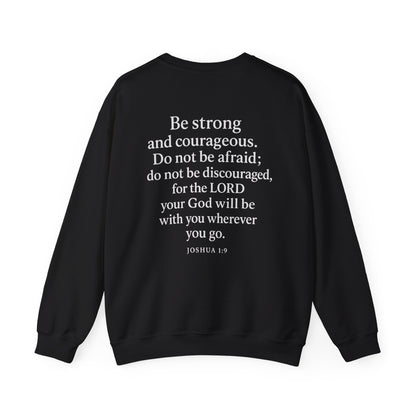 Black Christian crewneck with Joshua 1:9 Bible verse printed on the back by Rack & River Outdoors.