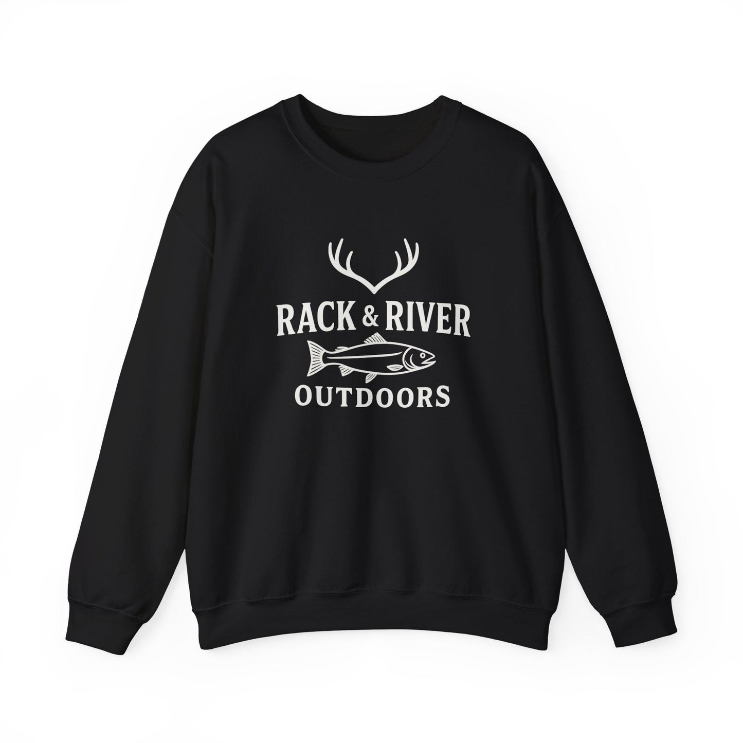 Black unisex crewneck with Rack & River Outdoors chest logo.