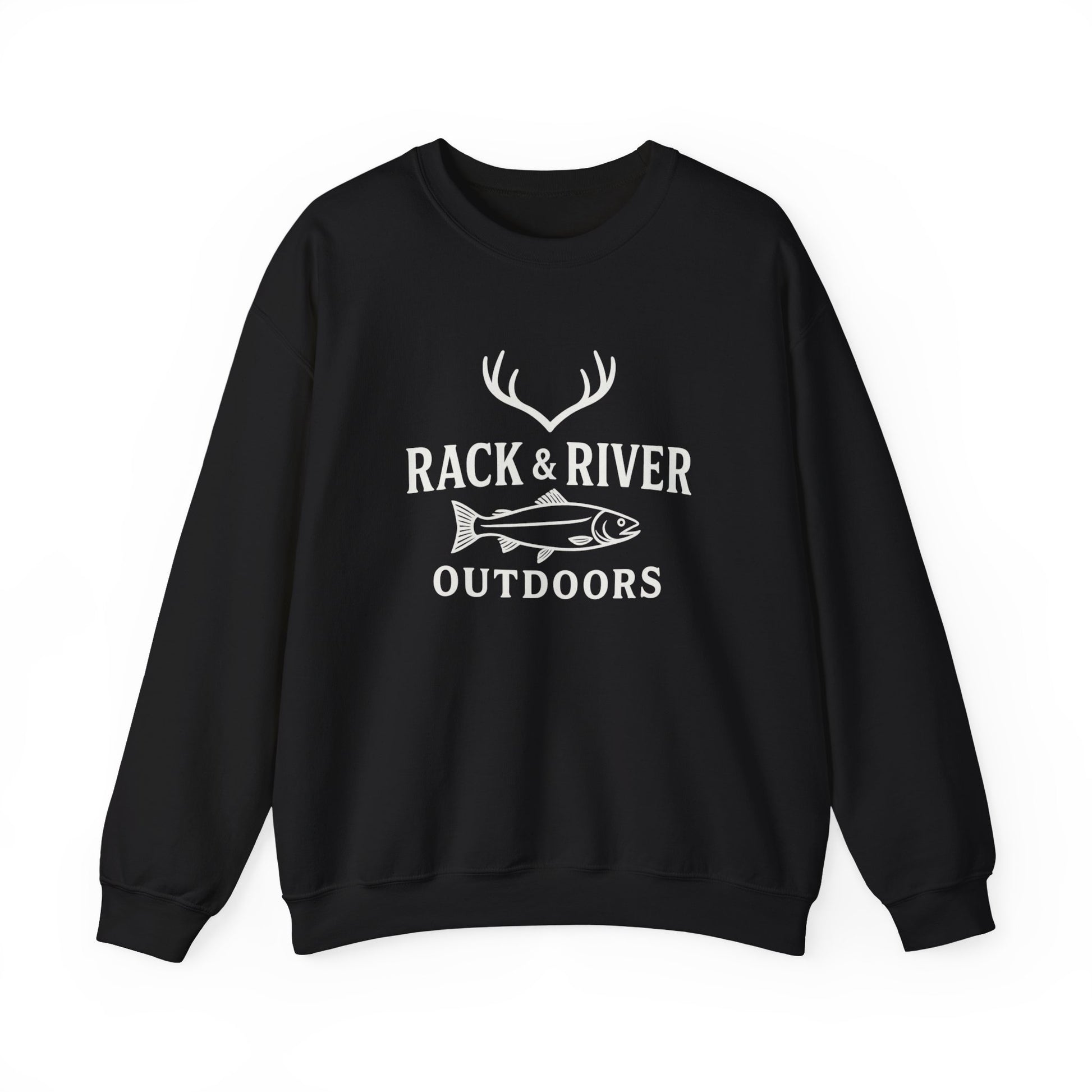Black unisex crewneck with Rack & River Outdoors chest logo.