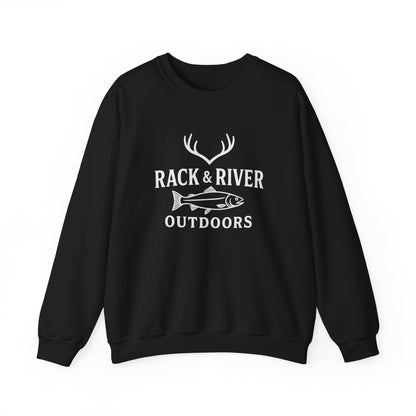 Black unisex crewneck with Rack & River Outdoors chest logo.