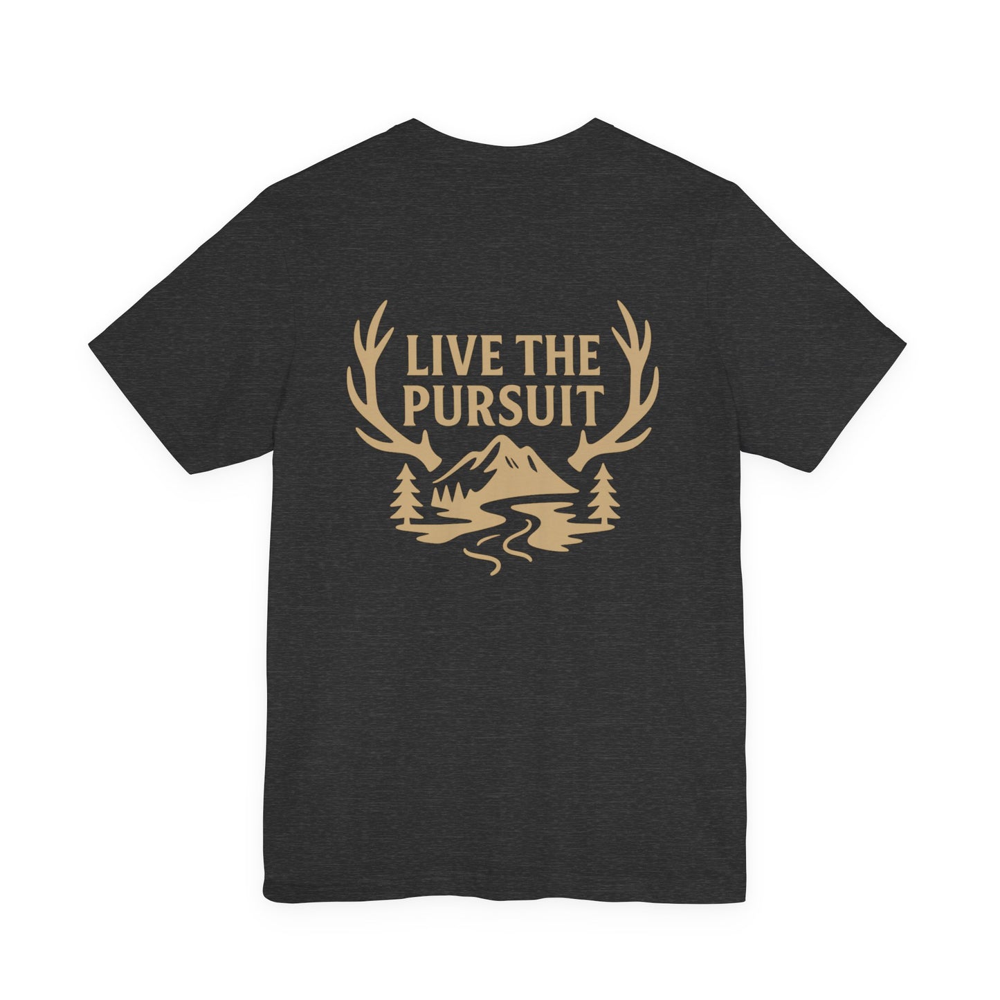 Gray Live The Pursuit t-shirt with antler and river outdoor graphic.