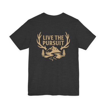Gray Live The Pursuit t-shirt with antler and river outdoor graphic.