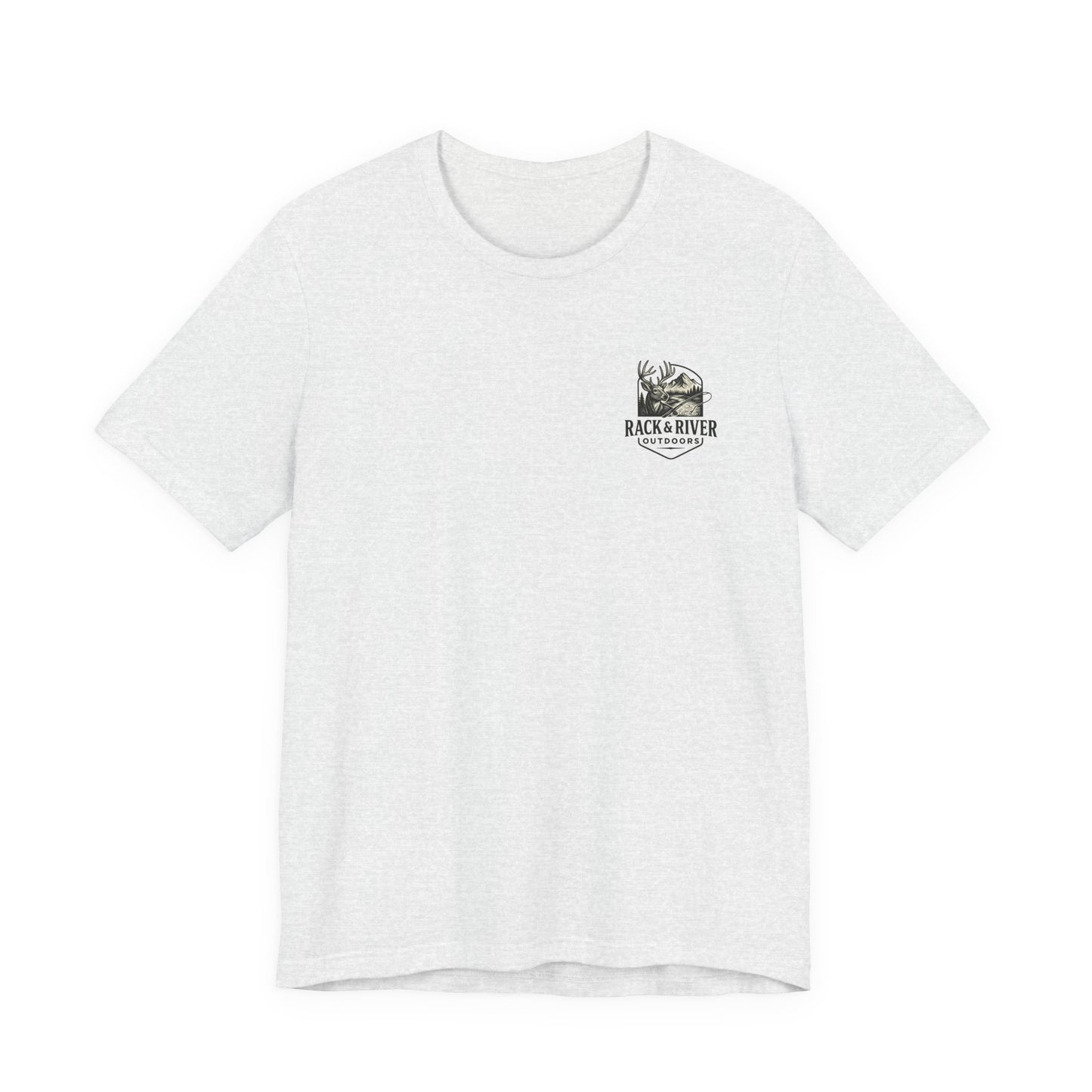 Light gray Rack & River Outdoors t-shirt with small antler emblem on the chest.
