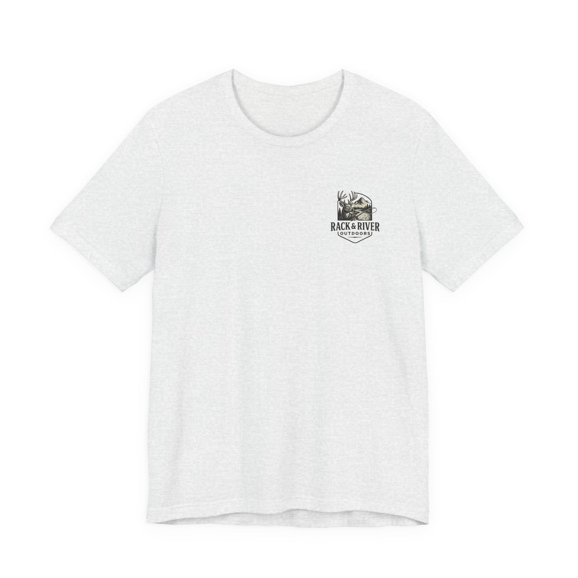 Light gray Rack & River Outdoors t-shirt with small antler emblem on the chest.