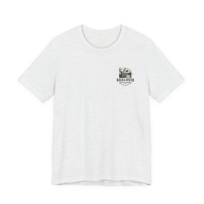 Light gray Rack & River Outdoors t-shirt with small antler emblem on the chest.