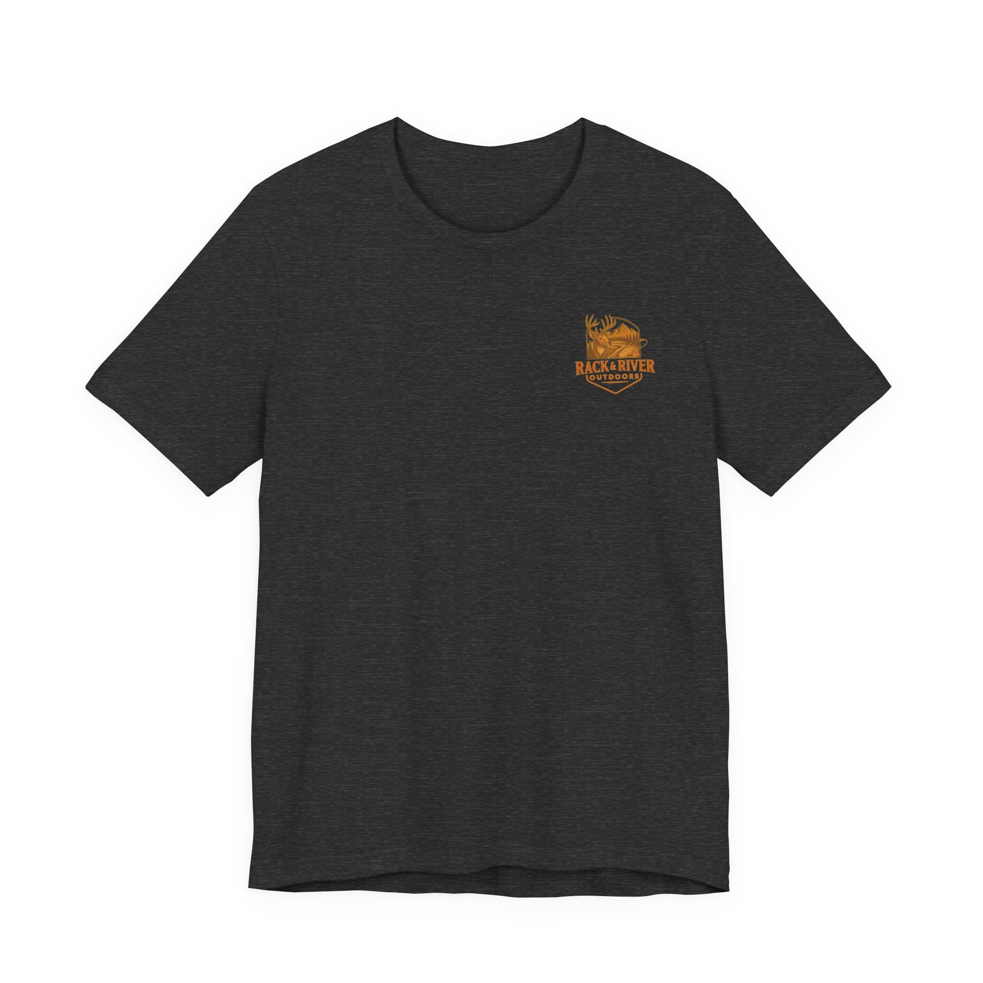 Gray Christian outdoor lifestyle t-shirt featuring small Rack & River Outdoors deer logo on the left chest, product display on white background.