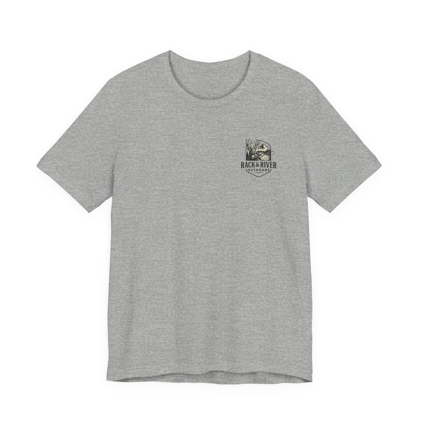 Gray Rack & River Outdoors t-shirt with small antler emblem on the chest.