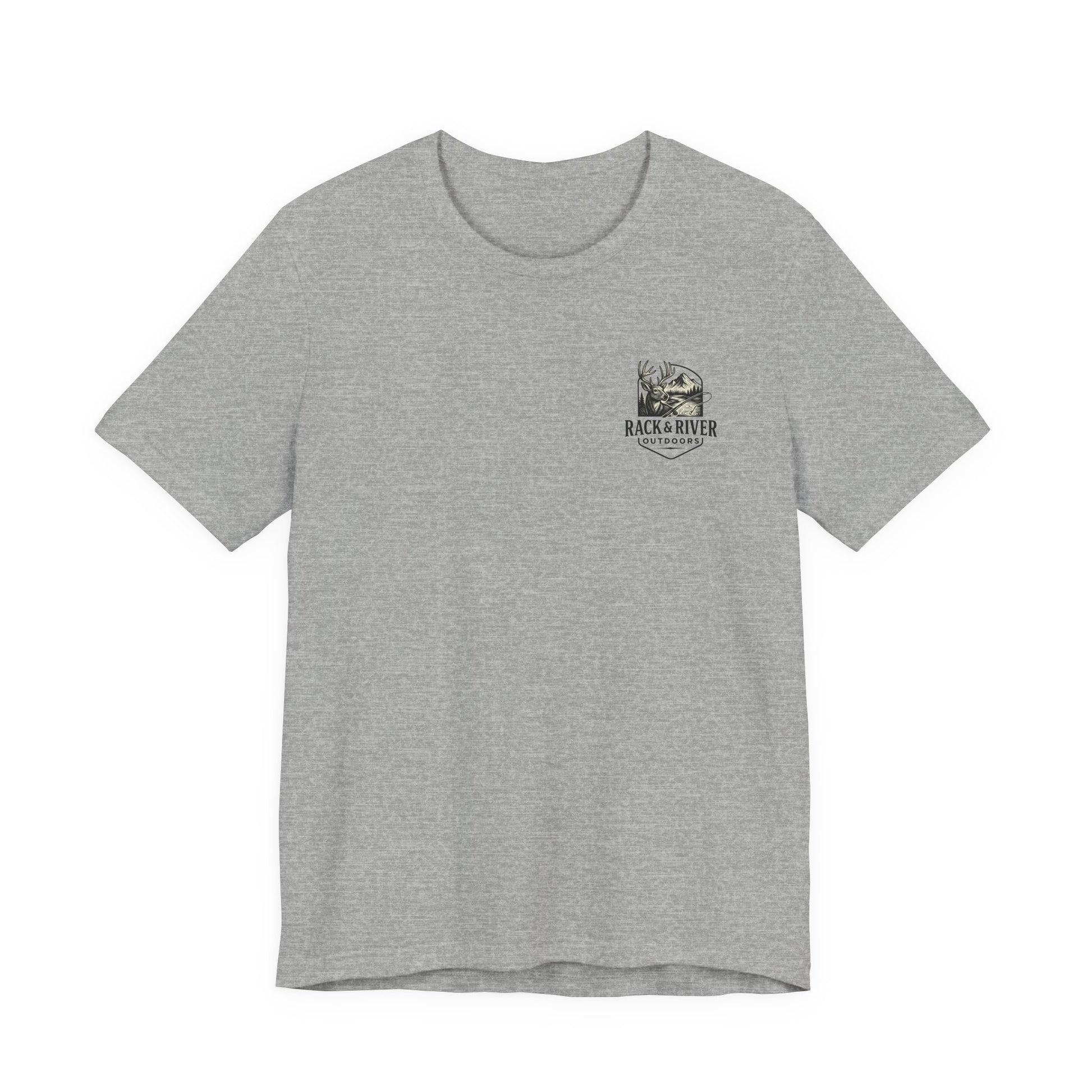 Gray Rack & River Outdoors t-shirt with small antler emblem on the chest.