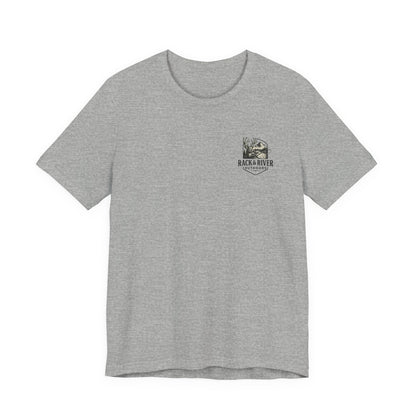 Gray Rack & River Outdoors t-shirt with small antler emblem on the chest.