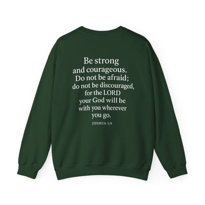 Green Christian crewneck with Joshua 1:9 Bible verse printed on the back by Rack & River Outdoors.