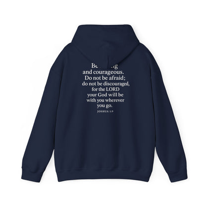 Navy Christian hoodie with Joshua 1:9 Bible verse on the back by Rack & River Outdoors.