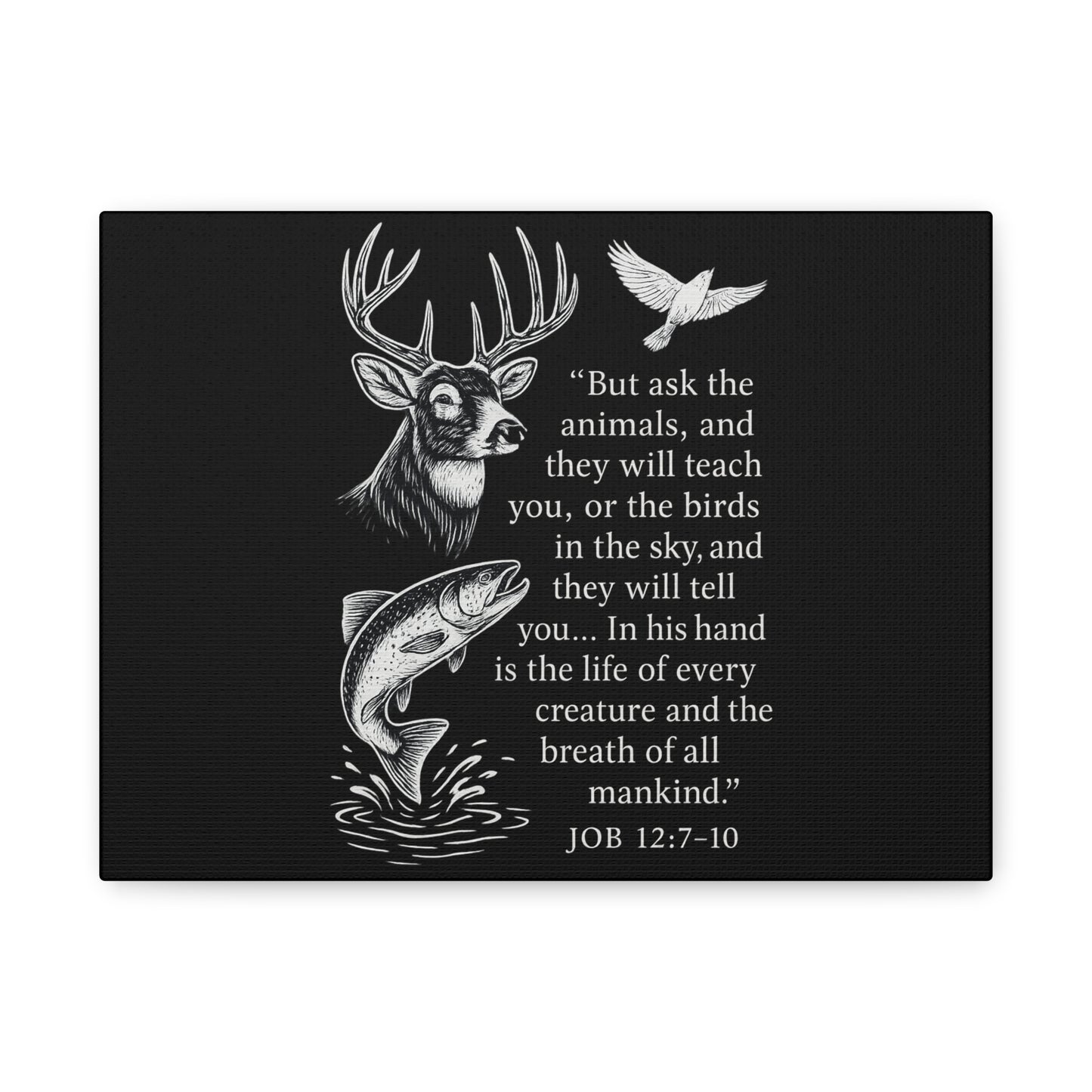 Black Christian wildlife canvas featuring deer, fish, dove artwork and Job 12:7-10 Bible verse by Rack & River Outdoors.