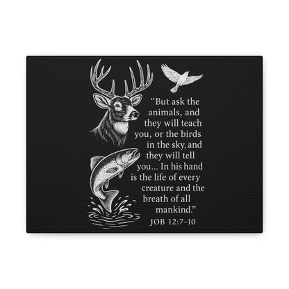 Black Christian wildlife canvas featuring deer, fish, dove artwork and Job 12:7-10 Bible verse by Rack & River Outdoors.
