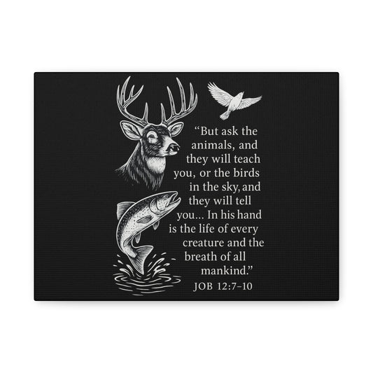Black Christian wildlife canvas featuring deer, fish, dove artwork and Job 12:7-10 Bible verse by Rack & River Outdoors.