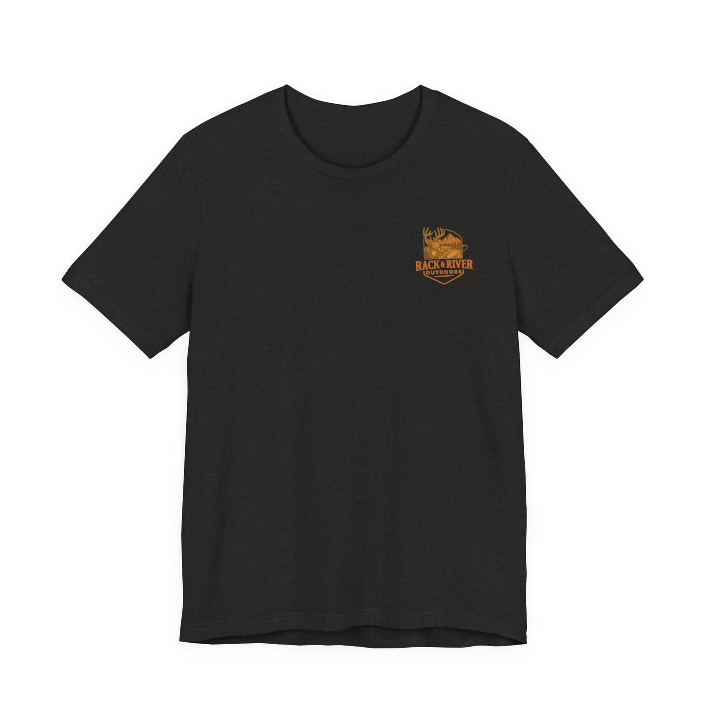 Dark gray Christian outdoor lifestyle t-shirt featuring small Rack & River Outdoors deer logo on the left chest, product display on white background.
