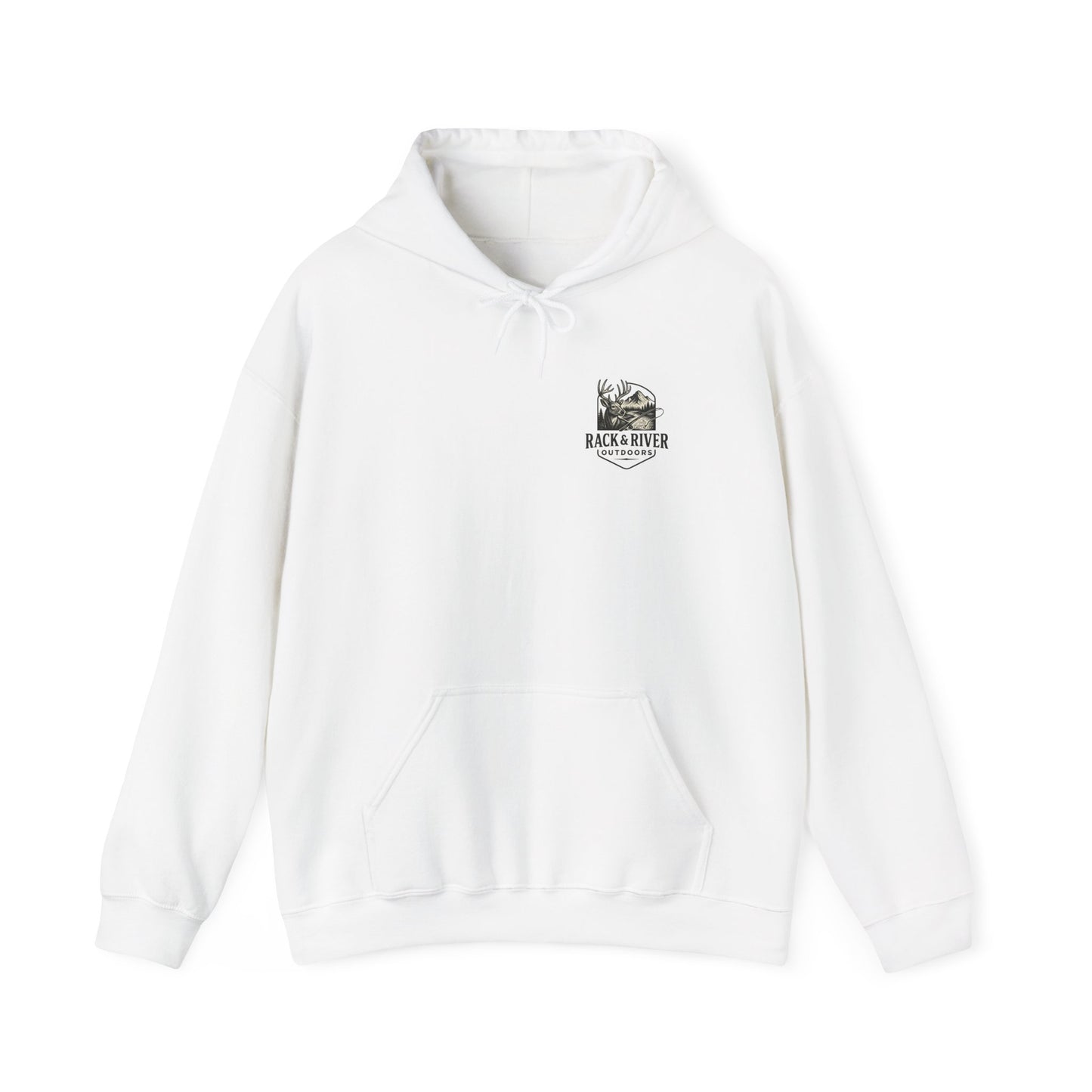 White hoodie featuring small Rack & River Outdoors chest logo.