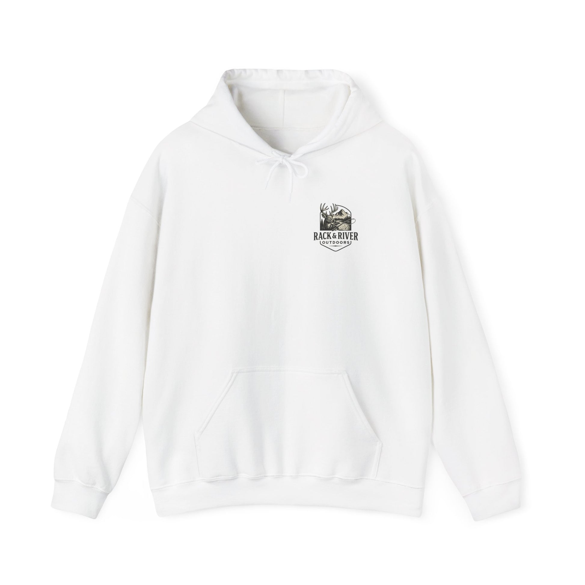 White hoodie featuring small Rack & River Outdoors chest logo.