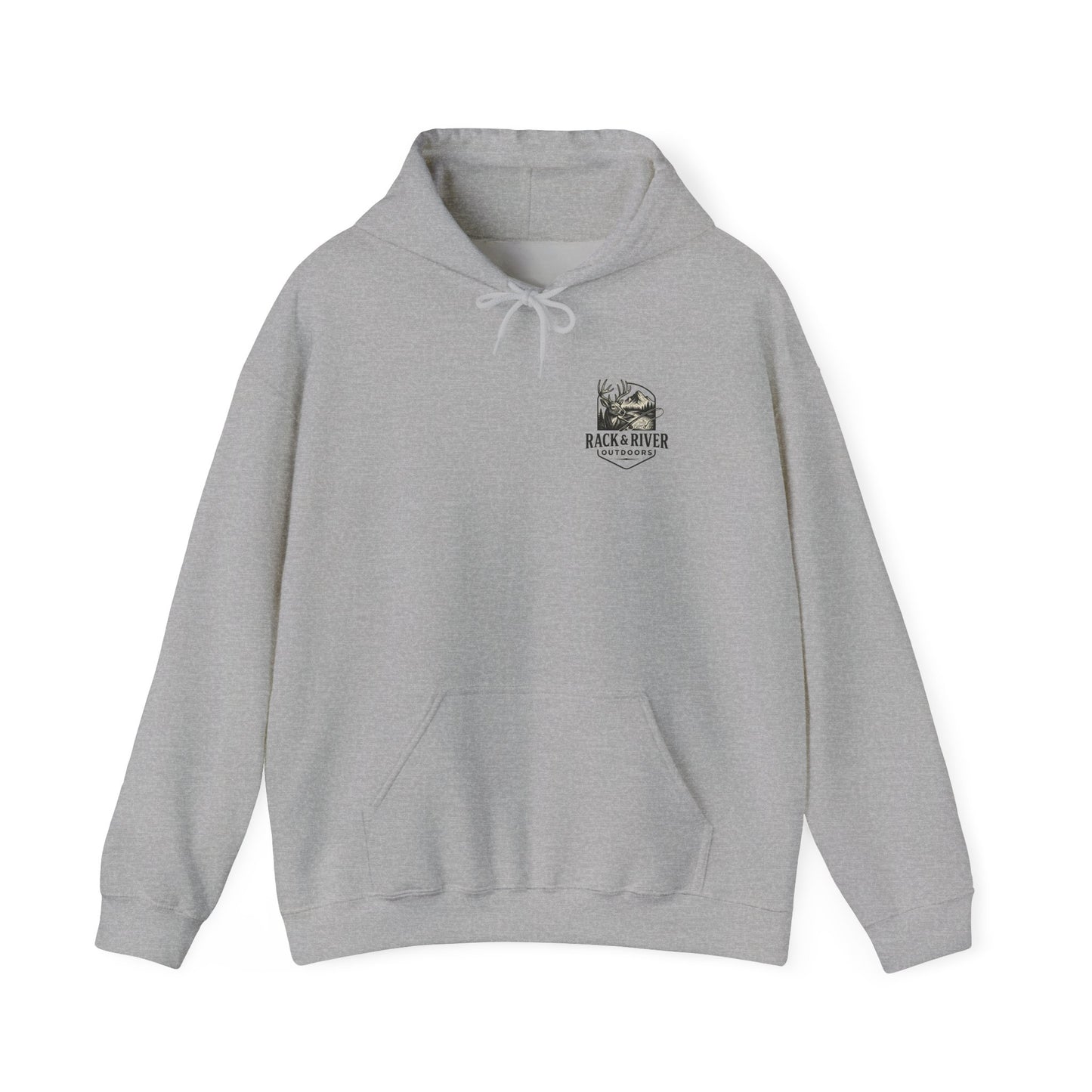 Gray hoodie featuring small Rack & River Outdoors chest logo.
