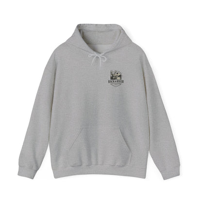 Gray hoodie featuring small Rack & River Outdoors chest logo.