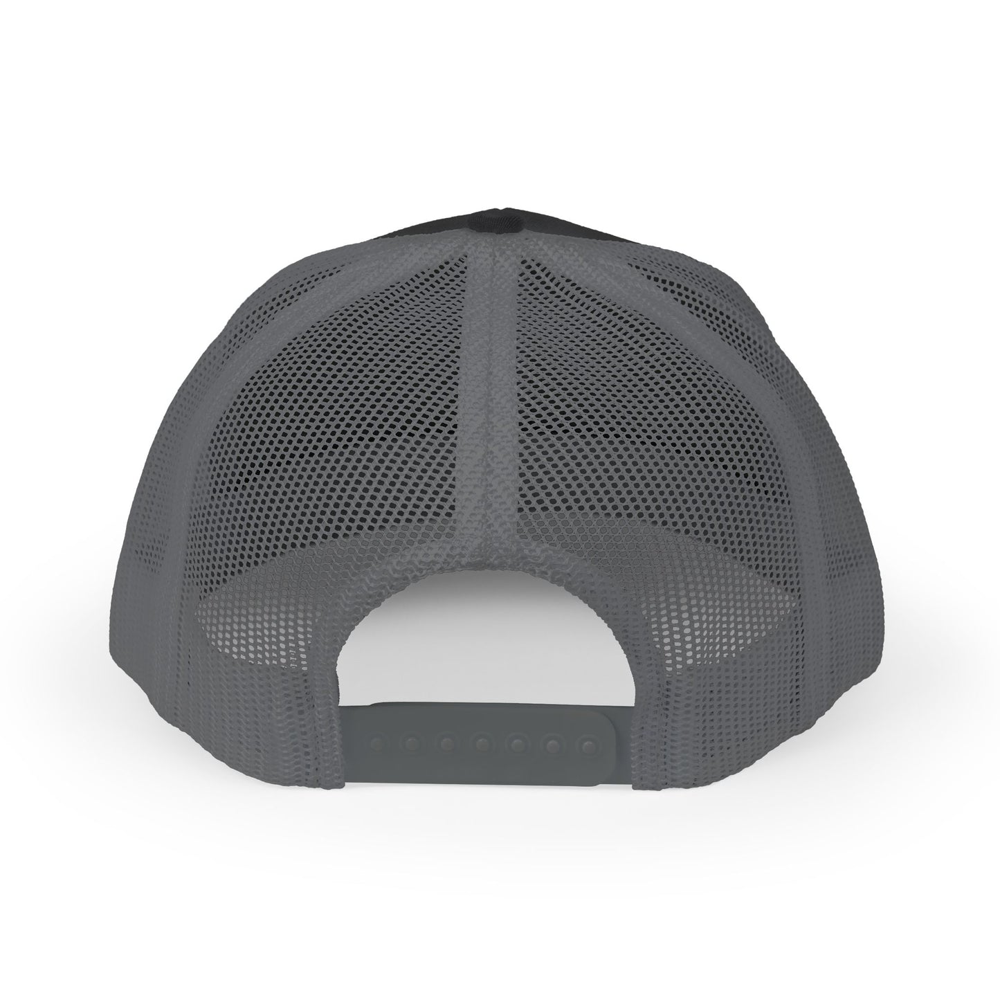 Back view of gray and gray Rack & River Outdoors mesh trucker cap 